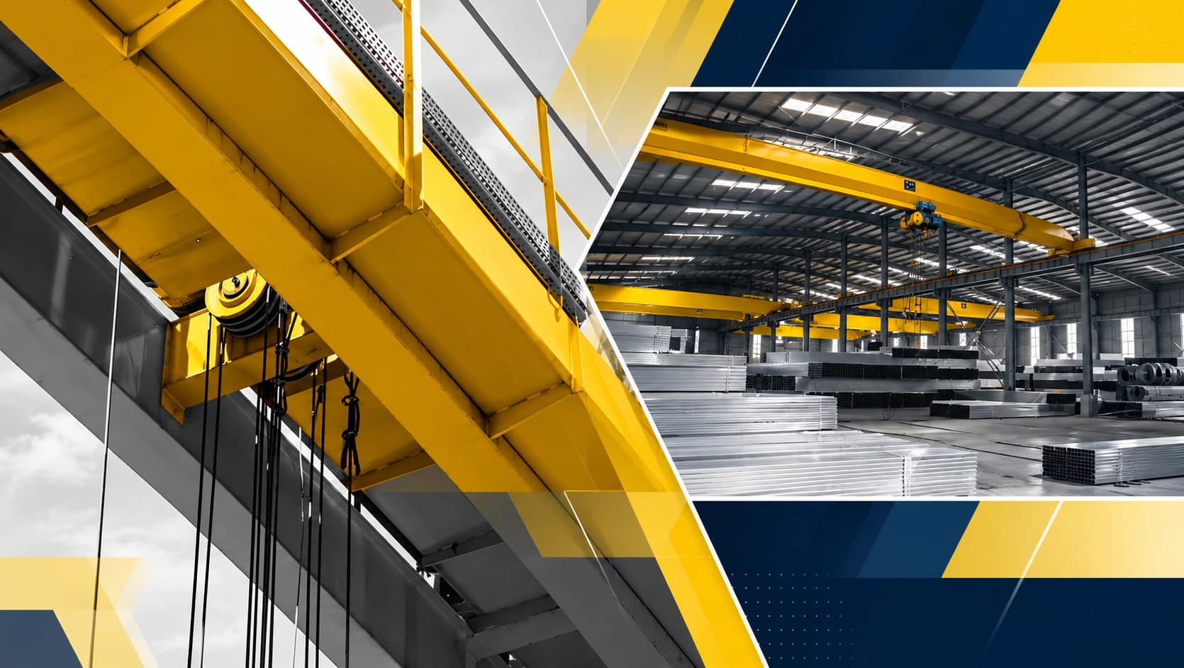 Yellow overhead crane and galvanized steel stock inside the warehouse