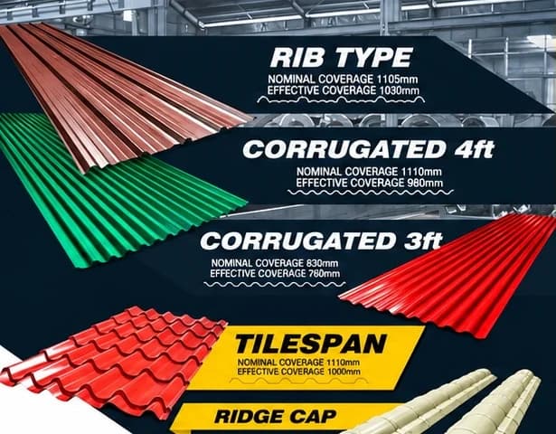 Prepainted roofing profiles in brown, green and red: rib type, corrugated 4ft and 3ft, tilespan and ridge cap