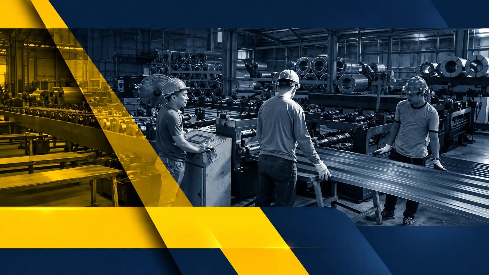 Workers in hard hats guiding formed steel off a roll-forming line