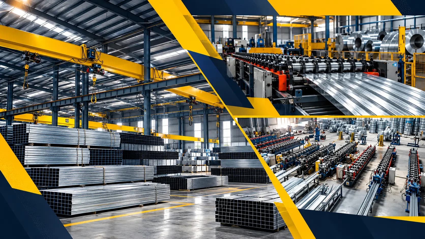 Overhead cranes above stacked tubular steel next to rows of roll-forming machines