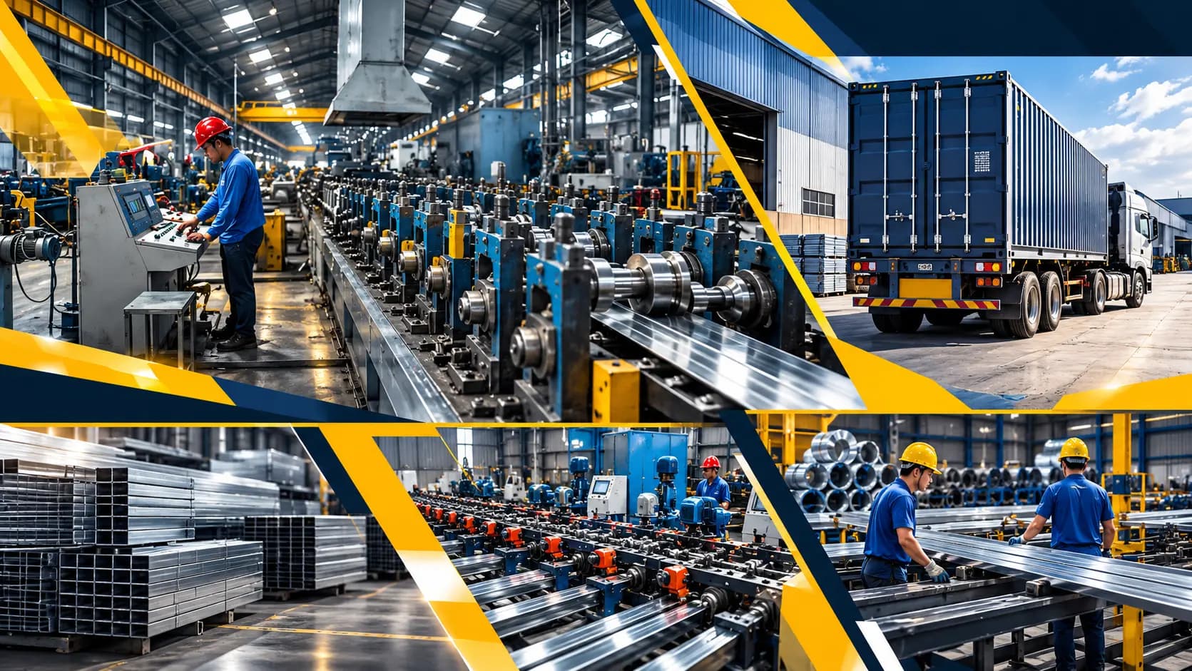 Operators running roll-forming production lines, with finished tubulars and a delivery truck