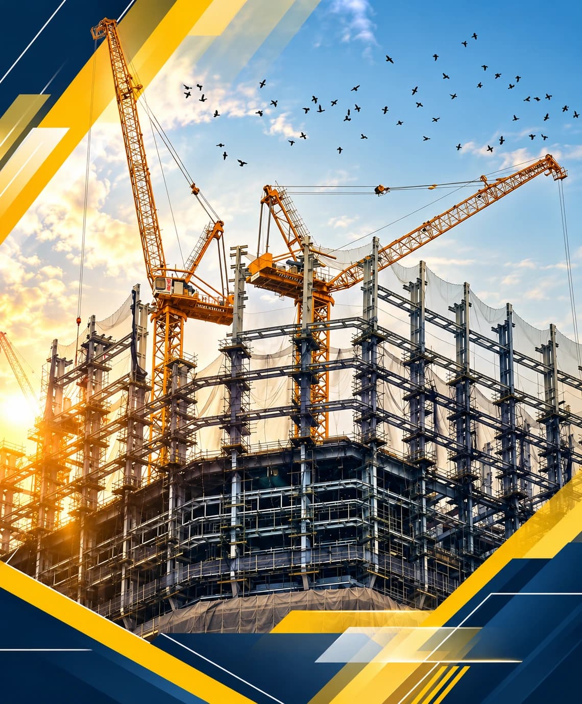 Tower cranes above a steel-framed building under construction at sunrise