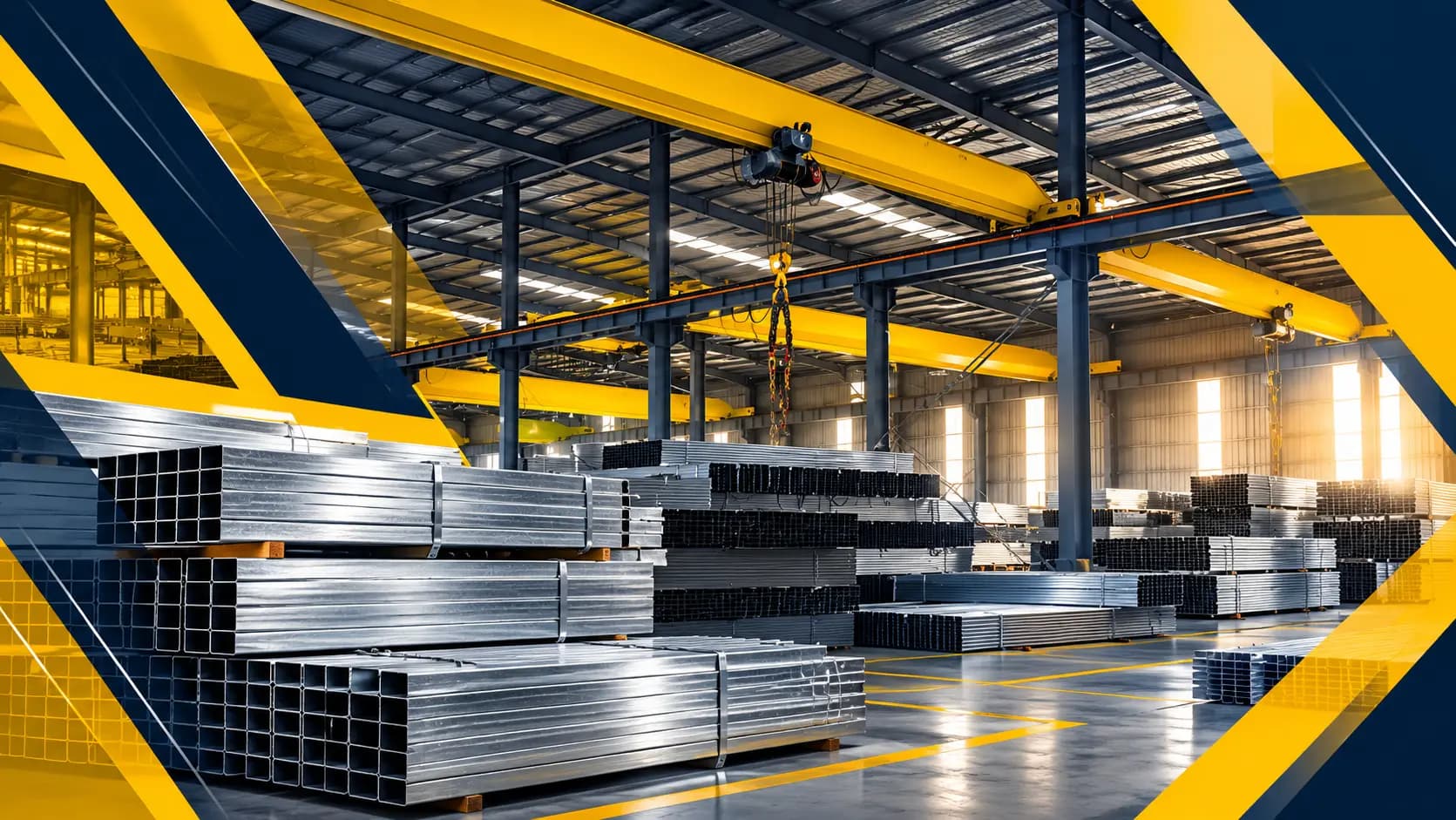 Bundles of galvanized tubular steel stacked in a warehouse under yellow overhead cranes